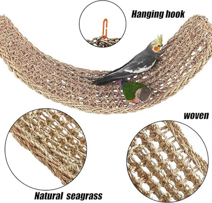 Bird Foraging Wall Toys Parrot Seagrass Mat Activity Climbing Net ladder 29.5''X7.1''&11.8''x11.8'' Hanging Hammock Cage Chew Toys with Ball Toys for Parakeet Cockatiel Conure Cockatoo Budgie Lovebird