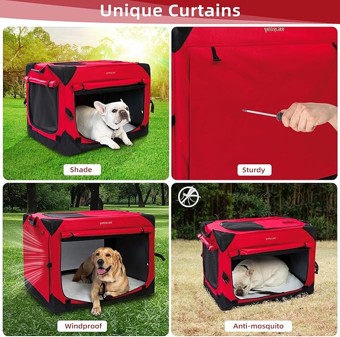 Pettycare 26 Inch Collapsible Dog Crate with Curtains Travel Dog Crate for Airflow and Calm Soft Pet Kennel with Portable Bag and More Chew Proof Mesh Indoor & Outdoor Red 4 Door Curtains