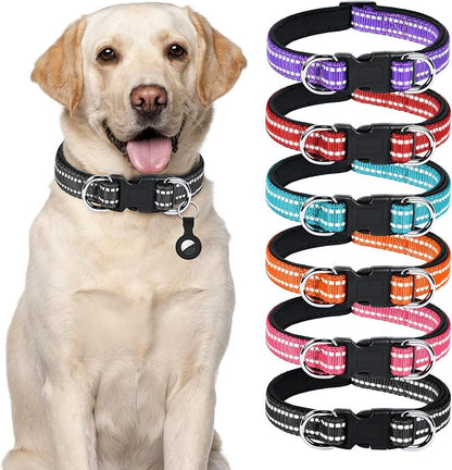 AUAUY Reflective Nylon Dog Collars, Adjustable Classic Pet Collars with Soft Neoprene Padding, Double Security Dual D-Ring and Quick Release Buckle for Small Puppy, Medium and Large Dogs (Black-S)
