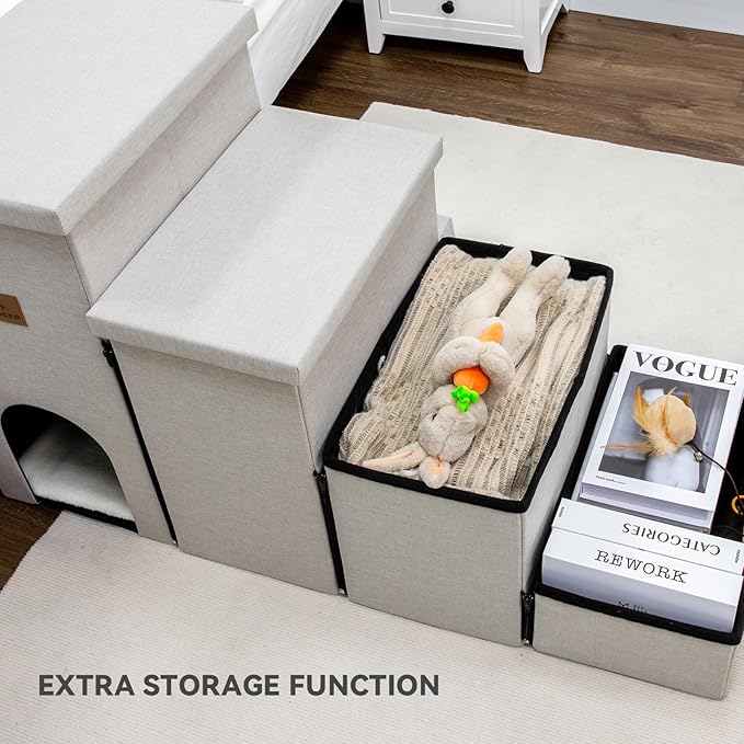 Dog Stairs with Storage 23" H, 4-Step Wider Dog Steps for High Beds Window, Folding Sturdy Pet Stairs Gift for Small/Medium/Large Dogs Cats, Dog Ramp for Climbing Car Hold Up to 200 lbs, Beige Gray