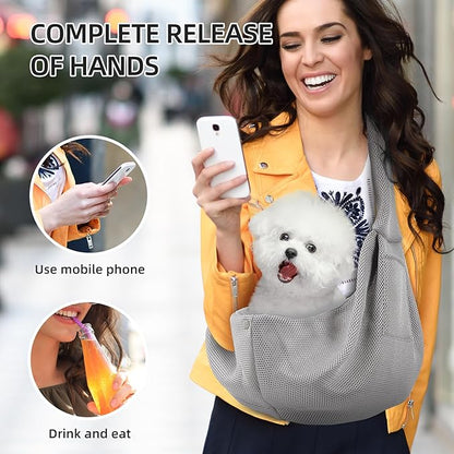 Dog Carrier Sling - Ultra Breathable Reversible Puppy Carrier Purse with Storage Pocket, Travel Safety Harness, Hand-Free Dog Sling Carrier for Carry Small Dogs and Cats, Dog and Cat Harness(Gray)