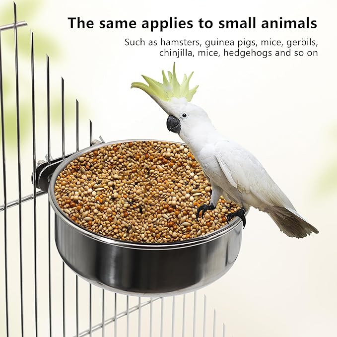 Small+Medium Bird Feeding Dish Cups,Parrot Food Bowl Cage with Clamp Holder Stainless Steel,Birdcage Coop Water Feeder for Cockatiel Parakeet Macaw Finches Lovebirds Small Animals (1 Pack, S+M)