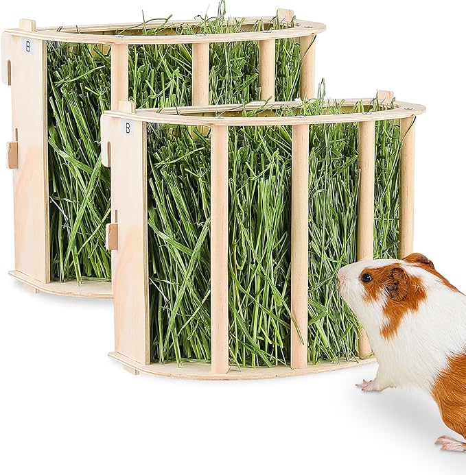 2PCS Guinea Pig Hay Feeder - Wooden Rabbit & Bunny Hay Holder Hanging Rack with Instructions - Suitable for Chinchilla, Ferret & Rabbit Cages