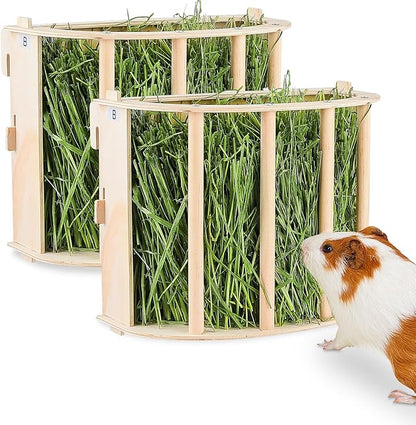 2PCS Guinea Pig Hay Feeder - Wooden Rabbit & Bunny Hay Holder Hanging Rack with Instructions - Suitable for Chinchilla, Ferret & Rabbit Cages