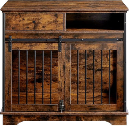 Dog Crate Furniture, Dog House Indoor with Sliding Barn Door, 35" Wood Dog Crate Heavy Duty Dog Kennels Decorative Dog Crate for Small/Medium/Large Dog Brown