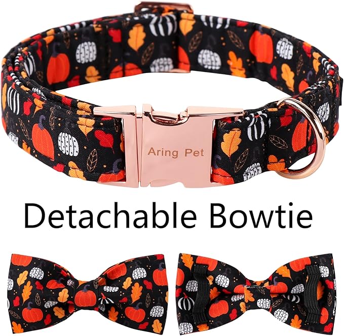 ARING PET Halloween Dog Collar-Cotton Black Pumpkin Dog Collar with Bow, Adjustable Fall Leaves Bowtie Dog Collars Pet Necklace with Metal Buckle for Girl&Boy Dogs