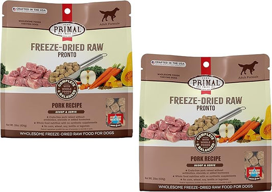 Primal Freeze Dried Dog Food Pronto, Pork; Scoop & Serve, Complete & Balanced Meal; Also Use As Topper or Treat; Premium, Healthy, Grain Free, High Protein Raw Dog Food (16 oz, 2-Pack)