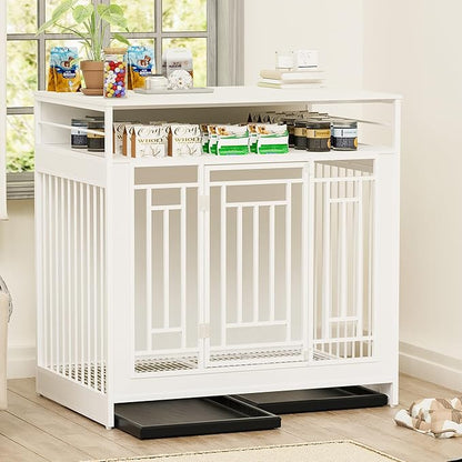 43.3 Inch Wooden Dog Crate Furniture for Large Dogs with Storage Drawers,Heavy Duty Double Door Pet Kennel with Divider,Decorative Dog House for Living Room,Bedroom,White