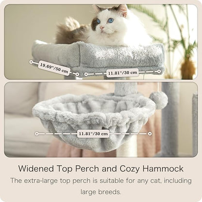 Ouritsu Cat Tree, 35 inch Cat Tower for Large Cat Indoor, 1 Widened Top Perch, 2 Enlarged Condos, Fluffy Basket, Scratching Posts and Ramp, Light Gray, MF001GA
