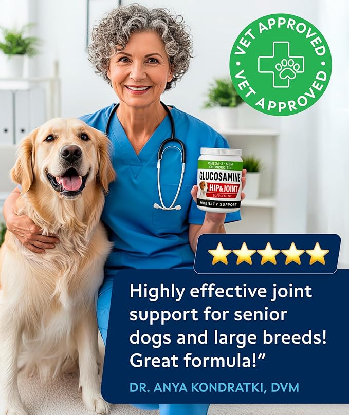 Glucosamine Treats for Dogs - Joint Supplement w/Omega-3 Fish Oil - Chondroitin, MSM - Advanced Mobility Chews - Joint Pain Relief - Hip & Joint Care - Peanut Butter Flavor - 180 Ct - Made in USA