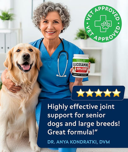 Glucosamine Treats for Dogs - Joint Supplement w/Omega-3 Fish Oil - Chondroitin, MSM - Advanced Mobility Chews - Joint Pain Relief - Hip & Joint Care - Peanut Butter Flavor - 180 Ct - Made in USA