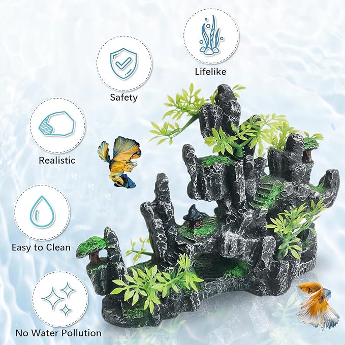 kathson Aquarium Mountain View Stone Resin Fish Tank Decorations Betta Hideout Caves Rockery Landscape Tree Aquarium Decorations Large Rock Hiding Cave Decor for Small Fish Shrimp Play Ornament