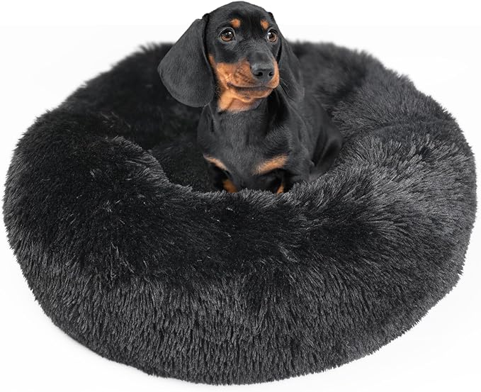 Dog Beds for Medium Dogs Washable Calming Bed for Dogs 28 Inches Black Fluffy and Soft Dog Bed Calm and Anti Anxiety Faux Fur Round Medium Sized Pet Bed for Dog