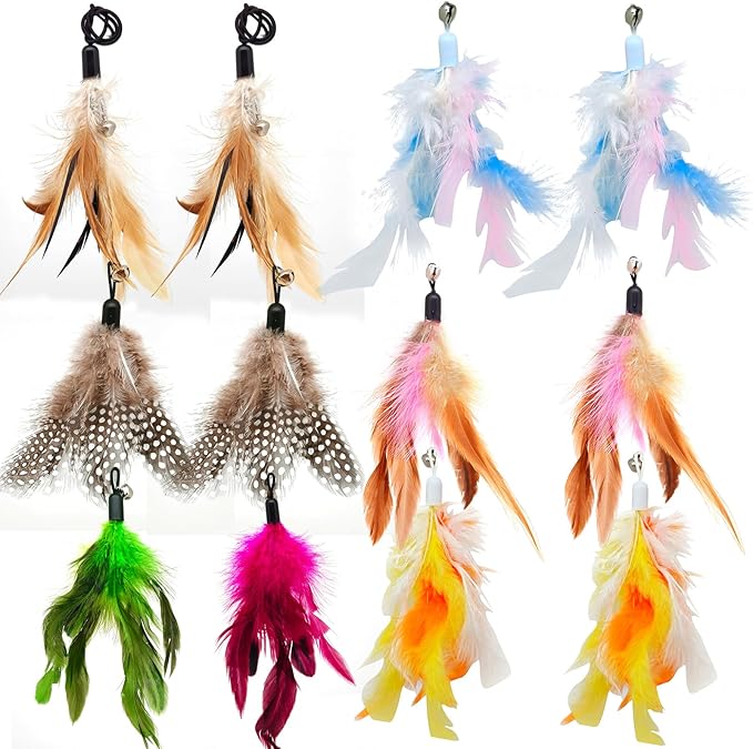 12 Pack Cat Wand Feather Toy Refills with Bells , Natural Feather Replacement for Interactive Teaser Toys, Colorful Wand Attachments, Durable and Safe Cat Toy Accessories for Exercise and Play