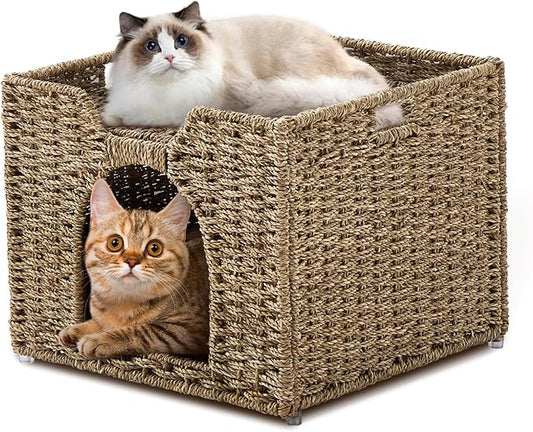 Cat Houses for Indoor Cats, Handwoven Natural Seagrass Cat Cave Pet Cube,Foldable Pet Cat House, Cat Beds with Double-Sided Mat, Hideaway, in Living Room Bedroom