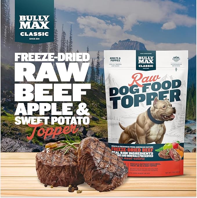 Bully Max Freeze-Dried Raw Dog Food Toppers for Puppies & Adult Dogs - 4 Variety Pack Puppy Treat or Dog Meal Enhancers with Fruits & Veggies - Rich in Vitamins & Minerals for Small & Large Breed Dogs