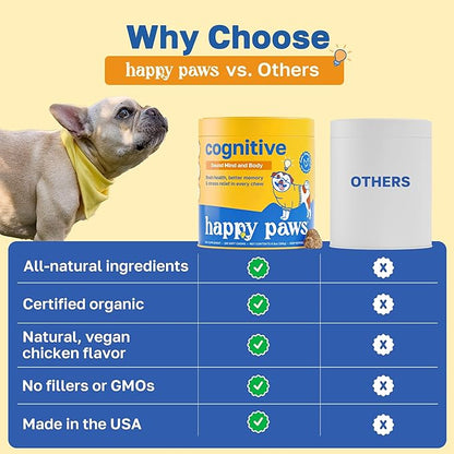 Happy Paws Cognitive Supplement for Dogs, Soft Chews with Taurine, Spirulina, CoQ10 & Vitamins B1, B3, B12, Supports Natural Cognitive Function, Memory and Focus, for Small to Large Dogs, 200 Count