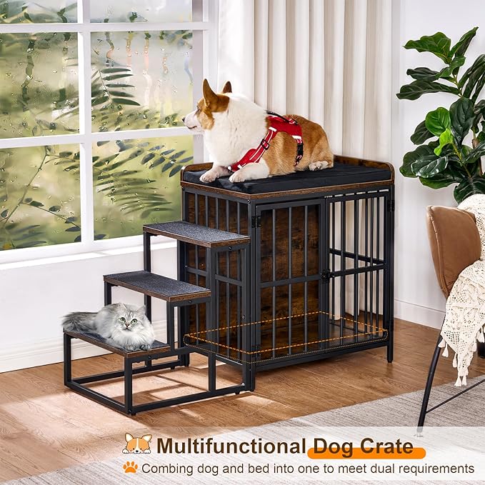 Snughome Dog Crate Furniture with Stairs, 41.73‘’ Wooden Dog Kennel Indoor with Double Doors, Furniture Style Dog Crate with Cushion for Dogs, Heavy Duty Dog Cage for Small/Medium Dogs, Rustic Brown