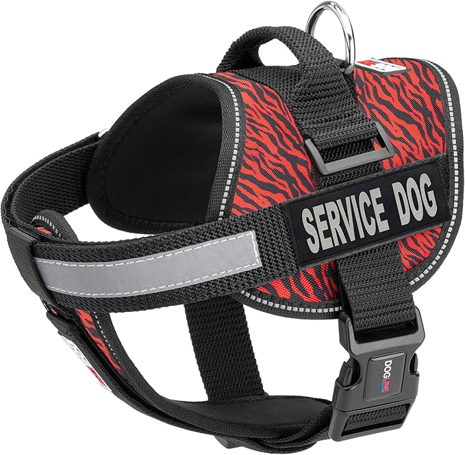 Dogline Unimax Dog Harness Vest with Service Dog Patches Reflective No-Pull, Adjustable Straps, Breathable Neoprene for Medical, Service, Identification and Training Dogs Girth 36 to 46" Zebra Red