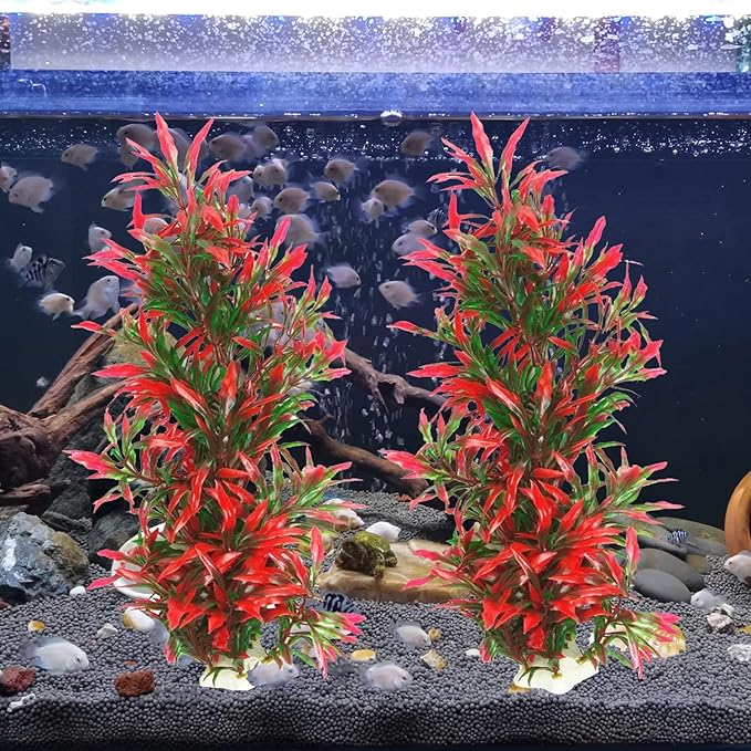 Large Aquarium Plants Artificial Water Seaweed 2 Pcs About 13 Inch for Fish Tank Decor Plastic Plant for Betta Shrimp Red Gladiolus