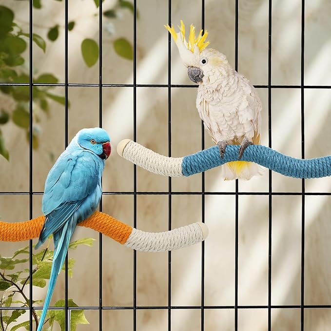 11 x 0.9 inch Bird Perch Parrot Stand Cage Accessories Natural Wooden Stick Paw Grinding Rope-surfaced Chew Toy Standing Rod for Exercise Training Branches (Curved-Orange+Blue)