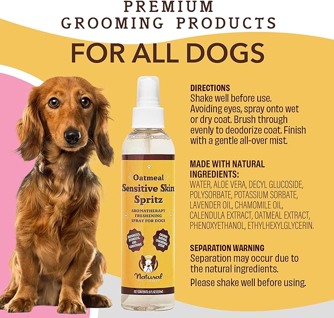 Natural Dog Company Sensitive Skin Dog Deodorizing Spray: Ideal for Sensitive Skin Dog Shampoo, Long Lasting Perfume, Dog Spray Deodorizer, Neutral Scented with hints of Lavender, 8 oz