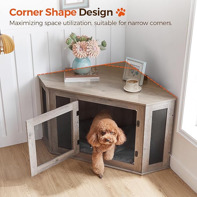 Corner Dog Crate Furniture, Wooden Dog Kennel End Table, Decorative Pet Crate Indoor Use, Furniture Style Dog House for Small Medium Dog, Dog Cage TV Stand, Greige and Black DCHG0801