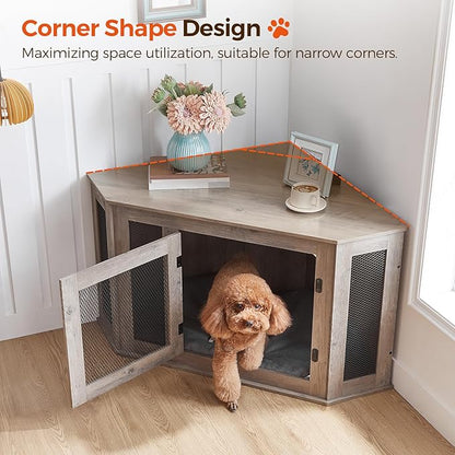 Corner Dog Crate Furniture, Wooden Dog Kennel End Table, Decorative Pet Crate Indoor Use, Furniture Style Dog House for Small Medium Dog, Dog Cage TV Stand, Greige and Black DCHG0801