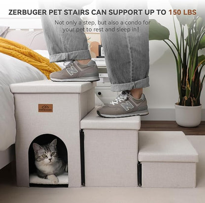 Dog Stairs with Condo 17.5" H, 3-Step Wider Dog Steps for High Beds Couch, Folding Storage Pet Stairs Gift for Small/Medium/Large Dogs Cats, Dog Ramp for Climbing Car Hold Up to 200 lbs, Beige Gray