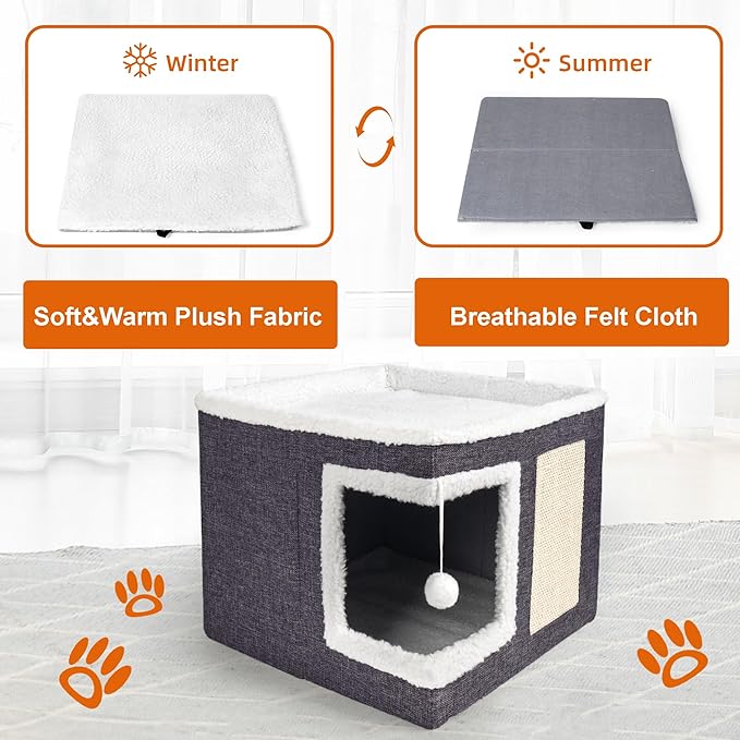 Cat Houses for Indoor Cats - Large Cat Bed Cave with Scratch Pad and Fluffy Ball, Foldable Cat Condo Hideaway with Reversible Cushion for Multi Small Pet, Dark Grey