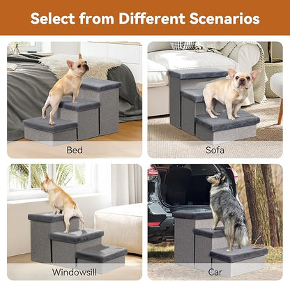 Dog Stairs with Furry Lids 17.5" H, 3-Step Wider Dog Steps with Storage for Small/Medium/Large Dogs Cats, Folding Sturdy Pet Stairs Climbing Bed or Sofa, Dog Ramp for Car Hold Up to 200 lbs, Grey