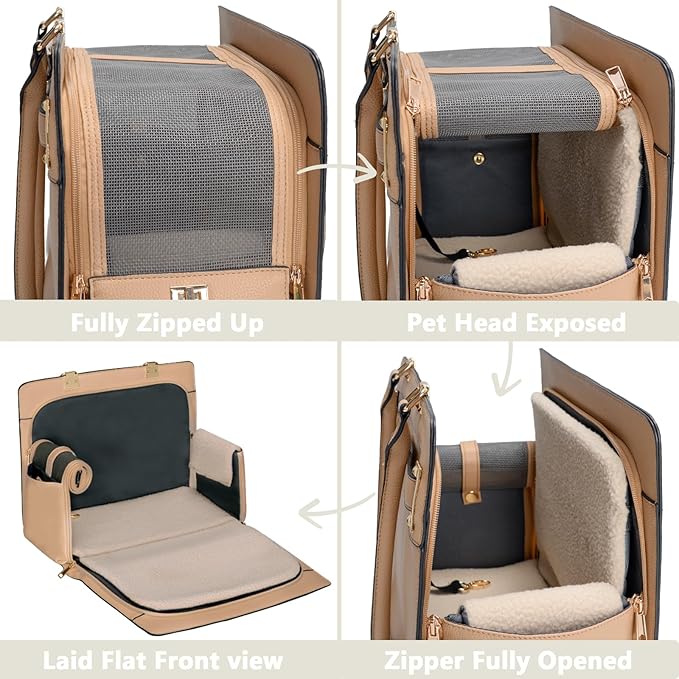 2-in-1 Stylish Dog Purse Carrier Soft-Sided Carriers Travel Tote Bag for Small Dogs Cats, Fashion Foldable Pet Bag for Puppies Small Animals with Pockets (Khaki, 15" L x 7.5" W x 12.2" H)