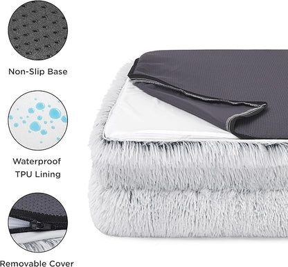 Bedsure Orthopedic Dog Beds Large Sized Dog - Washable Large Dog Cat Bed Waterproof, Comfort Dogs Couch Sofa with Washable Removable Cover, Pet Bed with Nonskid Bottom, Long Faux Fur-Misty Grey, 35"