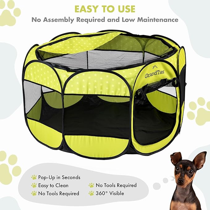 GrandTies Waterproof Dog & Cat Playpen  Foldable Pet Tent for Indoor & Outdoor, Pop-Up Kennel for Puppies, Kittens & Rabbits  Portable Travel Crate with Carrying Case (Spring Sprout, Large)