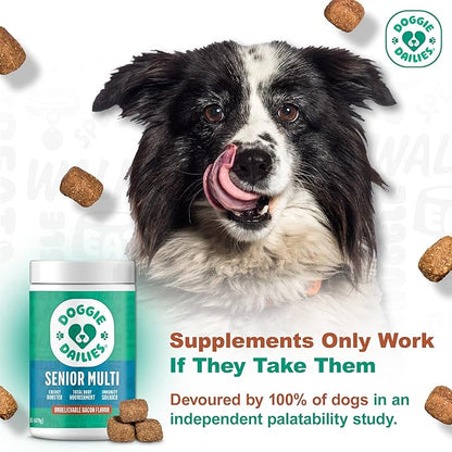 Doggie Dailies Senior Essentials Multivitamin for Dogs Soft Chews | Advanced Dog Multivitamin | Nutritional Support for Joints, Skin & Coat, Digestion, and the Immune System | Bacon Flavor | 120 Count