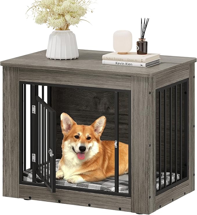 YITAHOME 32.5" L Dog Crate Furniture for Medium Dogs, 2-in-1 Iron-Wood Fusion Dog cage Indoor up to 40 lb, Side End Table, Modern Dogs Kennel with Waterproof Top, Safety Corners,Steel Lock,Grey