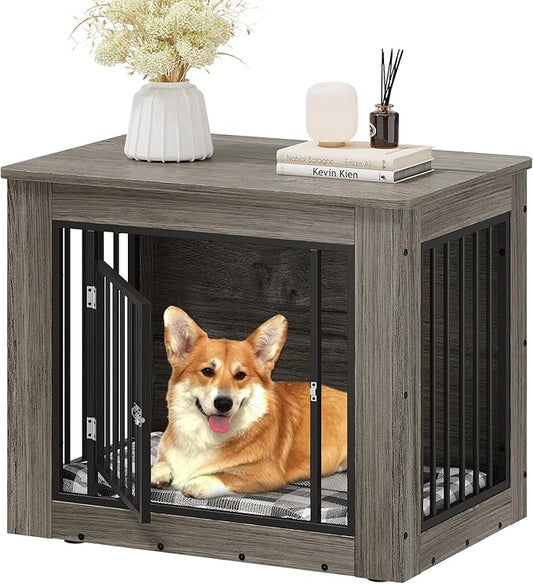 YITAHOME 32.5" L Dog Crate Furniture for Medium Dogs, 2-in-1 Iron-Wood Fusion Dog cage Indoor up to 40 lb, Side End Table, Modern Dogs Kennel with Waterproof Top, Safety Corners,Steel Lock,Grey