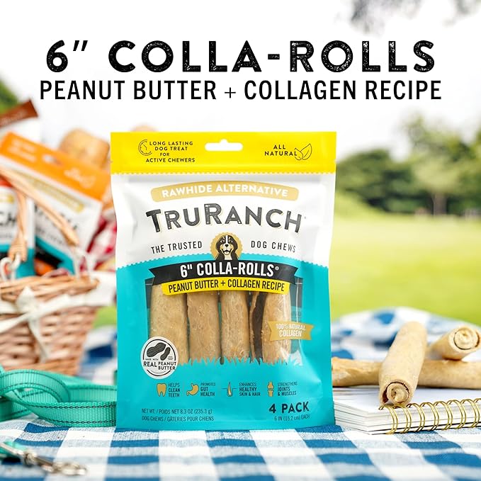 TRURANCH Collagen Rolls - 6" Collagen Rolls for Dogs - Long Lasting Healthy Joint Support Dog Treat - Rawhide Alternative - Skin & Coat Health - Made with Real Peanut Butter, 1 Bag, 4 Count