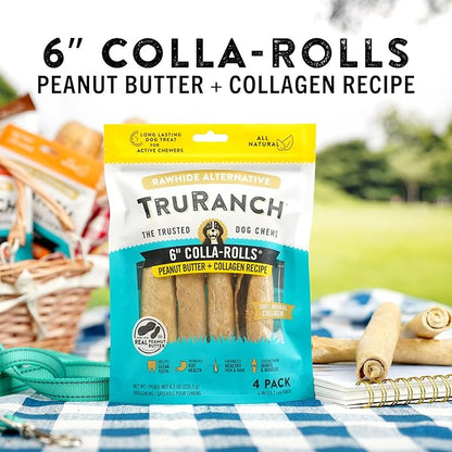 TRURANCH Collagen Rolls - 6" Collagen Rolls for Dogs - Long Lasting Healthy Joint Support Dog Treat - Rawhide Alternative - Skin & Coat Health - Made with Real Peanut Butter, 1 Bag, 4 Count