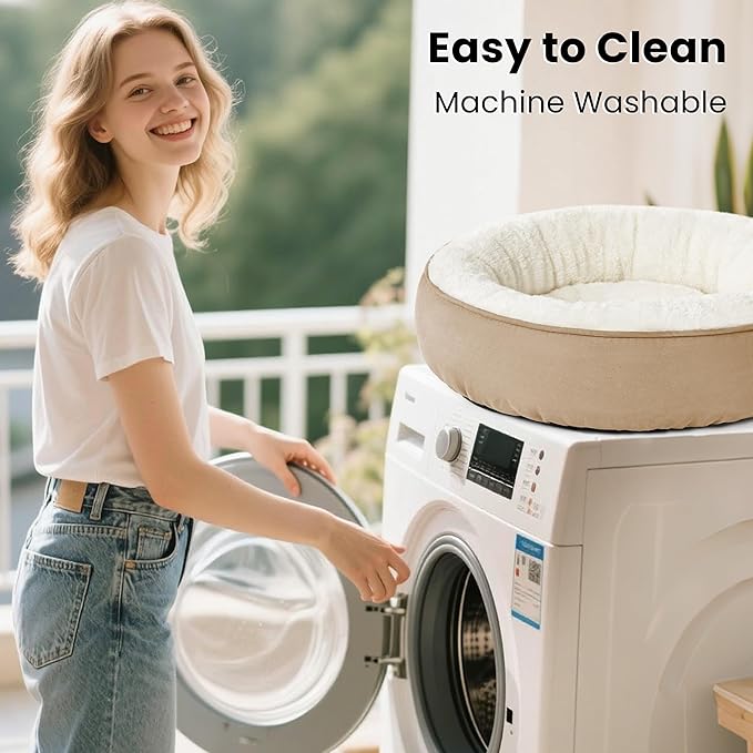 Love's cabin Round Donut Cat and Dog Cushion Bed, 25in Pet Bed for Small or Medium Dogs, Anti-Slip & Water-Resistant Bottom, Soft Durable Fabric Pet Beds, Washable Calming Cat & Dog Bed Camel