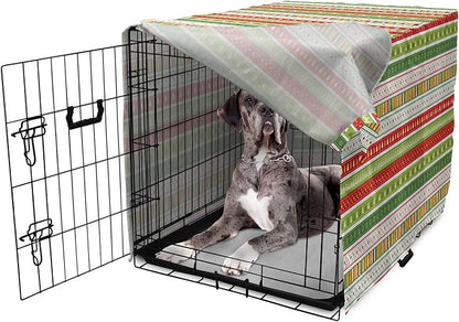 Ambesonne Christmas Dog Crate Cover, Traditional Winter Seasonal Borders Stars Bells Trees Stripes Print, Easy to Use Pet Kennel Cover for Medium Large Dogs, 48 Inch, Lime Green
