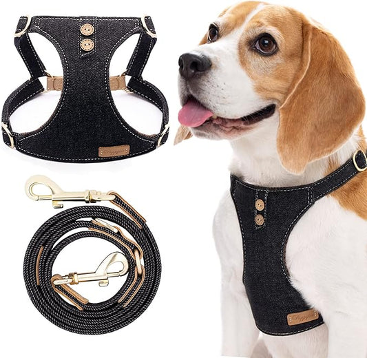 Dog Harness, No Pull Dogs Harness and Multi-Function Leash Set for Medium Dogs Easy Walk Everyday Adjustable Soft Dog Vest Harness Fashionable Dog Accessories Black-Button-L