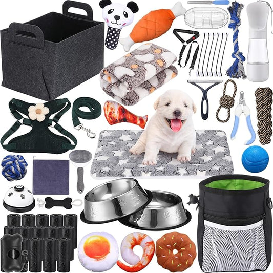 Abbylike 50 Pcs Puppy Supplies Starter Kit for Small Dogs Puppy Essentials Includes Leash, Bowls, Teeth Brushes, Water Bottle, and More Accessories for Dogs Christmas Welcome Gift(Black)