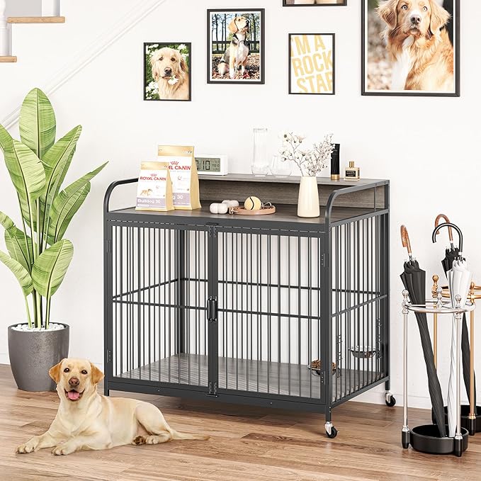 Dog Crate Furniture, Dog Crate Indoor with Adjustable Height Bowls, Wooden Heavy Duty, 39.8 Inch Dog Kennel Furniture for Medium Dogs, 39.8" L X 22.5" W X 38.6" H,Grey