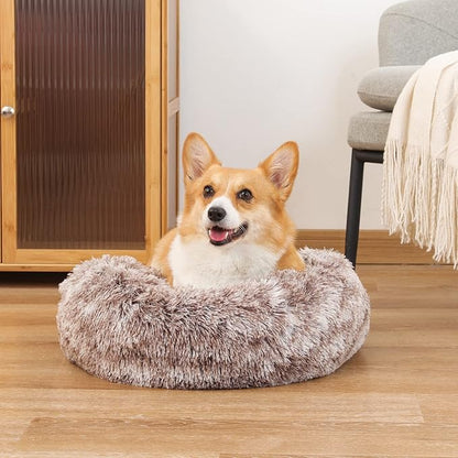 NOYAL Calming Donut Dog Bed for Small to Medium Dogs & Cats - Plush Faux Fur Anti-Anxiety Pet Bed with Machine Washable Cover & Non-Slip Base