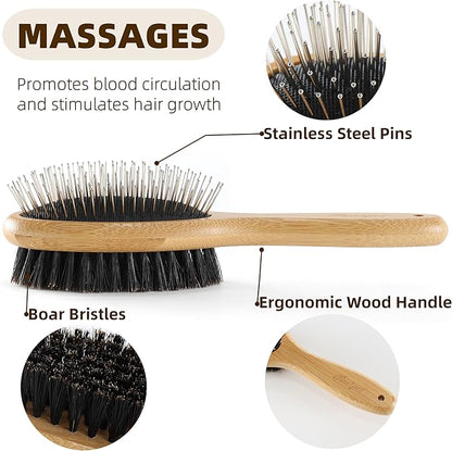 Double Sided Dog Brush Pin and Boar Bristle Pet Grooming Comb for Long or Short Haired Dogs and Cats Removing Shedding Tangles and Dead Undercoat