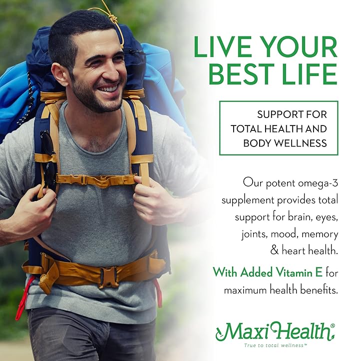 Maxi Health Omega 3 Supplement - Omega-3 Fish Oil Concentrate - Higher Potency Source of EPA/DHA Fatty Acids - Heart, Brain & Joint Health - Kosher Certified Wild Caught Fish - 90 Vegetarian Softgels