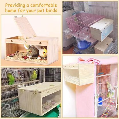 PINVNBY Natural Wood Parakeet Nesting Box Budgie Breeding Box Acrylic Bird Nest for Cage Transparent Panoramic for Parrots, Cockatiels, Lovebirds, Canaries, and Small Birds (M: 9.8 x 5.3 x 5.3 inch)