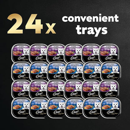 Cesar Wet Dog Food Loaf in Sauce Rotisserie Chicken Flavor with Bacon & Cheese and Filet Mignon Flavor with Bacon & Potato Variety Pack, 3.5 oz. Easy Peel Trays (12 Count, Pack of 2)