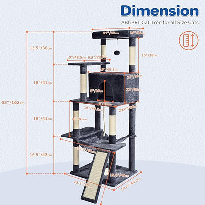 Cat Tree Tower 63in Multi-Level Cat Tower for Indoor Cats with Sisal Scratching Posts, Condo, Hammock, Dangling Ball and Extended Platform for Cats to Play, Dark Grey